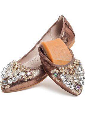 🆕 Women's Bronze Rhinestone Flat Shoes - Foldable Butterfly Wedding Party
